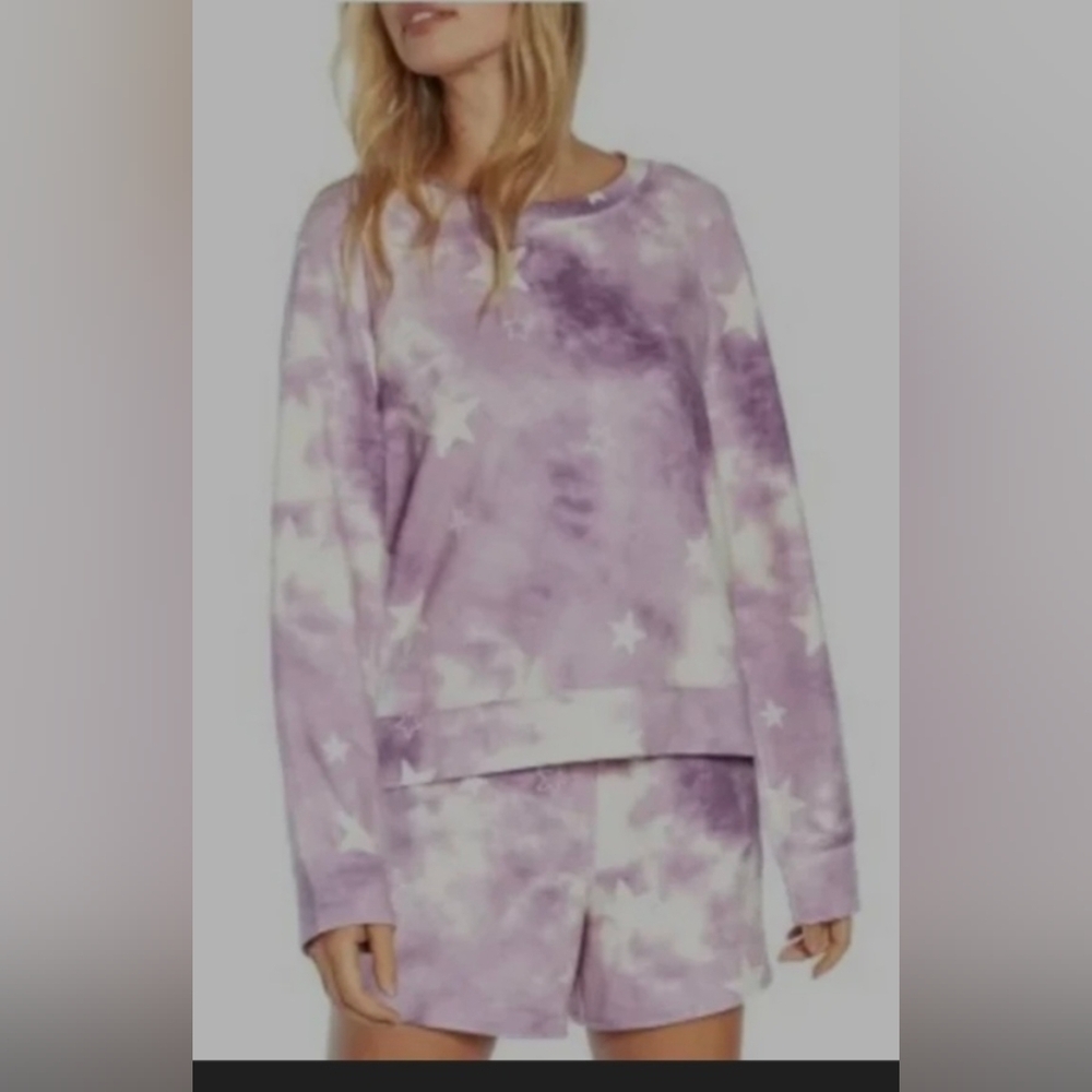 New WILDFOX Sweatshirt & Short Lounge Set Purple Tie Dye Stars Pajamas Medium